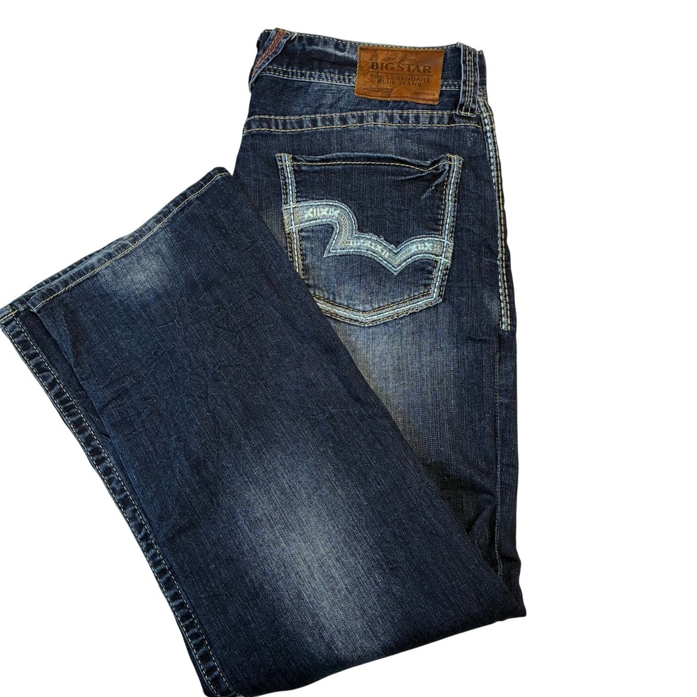 BIG STAR Pioneer Mens Bootcut‎ Jeans Dark Wash Distressed Denim 38x30